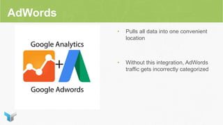 AdWords
• Pulls all data into one convenient
location
• Without this integration, AdWords
traffic gets incorrectly categorized
 