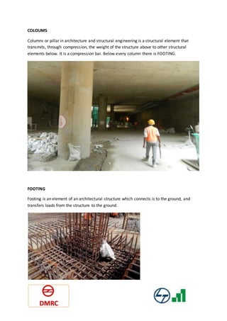 COLOUMS
Columns or pillar in architecture and structural engineering is a structural element that
transmits, through compression, the weight of the structure above to other structural
elements below. It is a compression bar. Below every column there is FOOTING.
FOOTING
Footing is an element of an architectural structure which connects is to the ground, and
transfers loads from the structure to the ground.
 