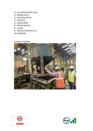 2) FIT REINFORCEMENT CAGE
3) BANANA BOLTS
4) GROUTING SOCKET
5) CONCRETE
6) DEMOULDING
7) MICRO FINISHING
8) CURING
9) GASCKET(HYDROPHYLLIC)
10) TRANSPORT
CONCRETE POURING
 