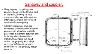 Gangway and coupler:
• The gangway, comprising two
gangway halves, is the flexible part
of the train, allowing relative
movements between the cars and
offering passengers a secure and
comfortable passageway.
• All intermediate car ends are
connected via intercommunication
gangways to allow free and safe
passenger movement between cars,
including when the train is in
motion. Passengers can stand
within the gangway with a high
degree of safety and comfort.
Furthermore, the gangway design
ensures
 