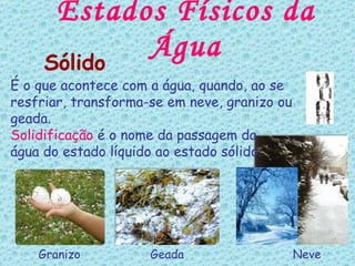 Estados Físicos da Água É o que acontece com a água, quando, ao se resfriar, transforma-se em neve, granizo ou geada. Solidificação  é o nome da passagem da  água do estado líquido ao estado sólido. Sólido Granizo Geada Neve 