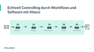 4
Echtzeit Controlling durch Workflows und
Software mit Alasco
Assistenz Bauleiter Projektsteuerer BuchhaltungBauherr
 