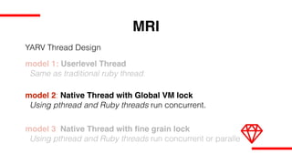 MRI
model 1: Userlevel Thread
Same as traditional ruby thread.
model 2: Native Thread with Global VM lock
Using pthread and Ruby threads run concurrent.
model 3: Native Thread with fine grain lock
Using pthread and Ruby threads run concurrent or parallel.
YARV Thread Design
 