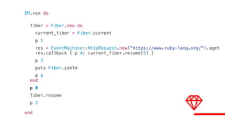 EM.run do
fiber = Fiber.new do
current_fiber = Fiber.current
p 1
res = EventMachine::HttpRequest.new("https://www.ruby-lang.org/").aget
res.callback { p 4; current_fiber.resume(5) }
p 2
puts Fiber.yield
p 6
end
p 0
fiber.resume
p 3
end
 