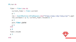 EM.run do
fiber = Fiber.new do
current_fiber = Fiber.current
p 1
res = EventMachine::HttpRequest.new("https://www.ruby-lang.org/").aget
res.callback { p 4; current_fiber.resume(5) }
p 2
puts Fiber.yield
p 6
end
p 0
fiber.resume
p 3
end
 
