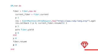 EM.run do
fiber = Fiber.new do
current_fiber = Fiber.current
p 1
res = EventMachine::HttpRequest.new("https://www.ruby-lang.org/").aget
res.callback { p 4; current_fiber.resume(5) }
p 2
puts Fiber.yield
p 6
end
p 0
fiber.resume
p 3
end
 