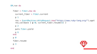 EM.run do
fiber = Fiber.new do
current_fiber = Fiber.current
p 1
res = EventMachine::HttpRequest.new("https://www.ruby-lang.org/").aget
res.callback { p 4; current_fiber.resume(5) }
p 2
puts Fiber.yield
p 6
end
p 0
fiber.resume
p 3
end
 