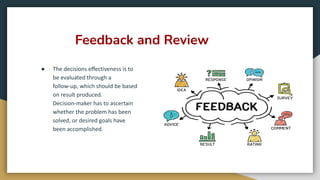 Feedback and Review
● The decisions effectiveness is to
be evaluated through a
follow-up, which should be based
on result produced.
Decision-maker has to ascertain
whether the problem has been
solved, or desired goals have
been accomplished.
 