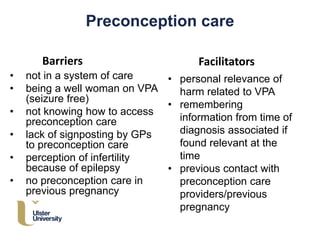 • not in a system of care
• being a well woman on VPA
(seizure free)
• not knowing how to access
preconception care
• lack of signposting by GPs
to preconception care
• perception of infertility
because of epilepsy
• no preconception care in
previous pregnancy
Preconception care
• personal relevance of
harm related to VPA
• remembering
information from time of
diagnosis associated if
found relevant at the
time
• previous contact with
preconception care
providers/previous
pregnancy
Barriers Facilitators
 