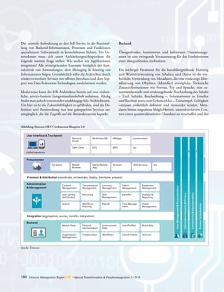 100 Detecon Management Report dmr • Special Transformation & Peoplemanagement 2 / 2015
User Interface &Touchpoint
Administration
& Management
Backend
SAP-Client ESS MSS etc.
Personal
Portal
Richtlinien DB HRApps Communities
Prosumenten
Fat Client Mobile
Browser
Native Mobile
App
Browser Web Services etc.
Social Media
User-genera-
ted Content
Content
Management
Search
Recruiting
Compensation
Management
Workforce
Planning
Skill
Management
Learning
Management
Payroll Time Manage-
ment
Travel
Management
Benefits
Talent
Management
Analysis &
Reporting
Expatriate
Management
Master Data
Organisation
Management
Personal
Administration
Analysis Data
Unstructured
Data
Workflows Search Indices Services
User/Profiles Meta-data
UserManagement&Personalization
InformationSecurity&Privacy
Connectivity&Interoperability
ProcessOrchestration
Die zentrale Anforderung an den Self-Service ist die Bereitstel-
lung von Backend-Informationen, Prozessen und Funk­tionen
spezialisierter Softwaretools in konsolidierten Sichten. Ein Un-
ternehmen muss sich unter Architekturgesichtspunkten die
folgende zentrale Frage stellen: Wie wollen wir Applikationen
integrieren? Alle weitergehenden Konzepte bezüglich der Kon-
nektivität von Anwendungen, dem Messaging & Routing von
Informationen folgen. Grundsätzlich sollte die Architektur durch
wiederverwertbare Services mit offenen Interfaces und dem Sup-
port von Data Federation Technologien modularisiert werden.
Idealerweise kann die HR-Architektur bereits auf eine einheit-
liche, service-basierte Integrationslandschaft ­aufsetzen. Häufig
findetmanjedochvoneinanderunabhängigeSilo-­Architekturen.
Um hier nicht die Zukunftsfähigkeit zu gefährden, sind die De-
finition und Bereitstellung von lose gekoppelten Services un-
umgänglich, die die Zugriffe auf die ­Bestandssysteme kapseln.
Backend
Übergreifendes, konsistentes und kohärentes Datenmanage-
ment ist eine zwingende Voraussetzung für das Funktionieren
einer übergreifenden Architektur.
Ein wichtiger Parameter für die kanalübergreifende Nutzung
und Wiederverwendung von Inhalten und Daten ist die ein-
heitliche Verwendung von Metadaten, die eine eindeutige Iden-
tifizierung von Objekten (Identifier) ermöglicht. Technische
Zusatzinformationen wie Format, Typ und Sprache, eine zu-
sammenfassende und strukturgebende Beschreibung des Inhalts
– Titel, Subjekt, Beschreibung –, Informationen zu Ersteller
und Rechten sowie zum Lebenszyklus – Zeitstempel, Gültigkeit
–müssen einheitlich definiert und verwendet werden. Meta-
daten bieten ungeahnte Möglichkeiten, unstrukturiertem Con-
tent einen quasistrukturierten Charakter zu verschaffen und ihn
Abbildung: Detecon HR IT Architecture Blueprint 1.0
Quelle: Detecon
Unified experience
Provision & distribution (coordinate, orchestrate, deploy, distribute, prepare)
Integration (aggregation, access, transfer, integration)
 