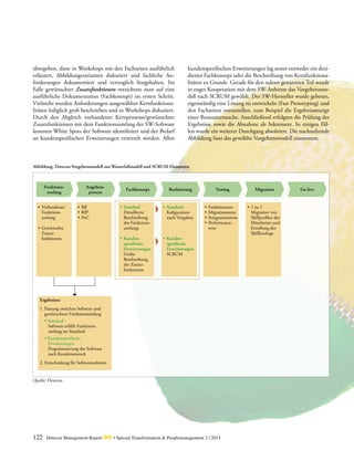 122 Detecon Management Report dmr • Special Transformation & Peoplemanagement 2 / 2015
übergeben, diese in Workshops mit den Fachseiten ausführlich
erläutert, Abbildungsvarianten diskutiert und fachliche An-
forderungen dokumentiert und vertraglich festgehalten. Im
Falle gewünschter Zusatzfunktionen verzichtete man auf eine
ausführliche Dokumentation (Fachkonzept) im ersten Schritt.
Vielmehr wurden Anforderungen ausgewählter Kernfunktiona-
litäten lediglich grob beschrieben und in Workshops diskutiert.
Durch den Abgleich vorhandener Kernprozesse/gewünschter
Zusatzfunktionen mit dem Funktionsumfang der SW-Software
konnten White Spots der Software identifiziert und der Bedarf
an kundenspezifischen Erweiterungen ermittelt werden. Allen
kundenspezifischen Erweiterungen lag somit entweder ein dezi-
diertes Fachkonzept oder die Beschreibung von Kernfunktiona-
litäten zu Grunde. Gerade für den zuletzt genannten Teil wurde
in enger Kooperation mit dem SW-Anbieter das Vorgehensmo-
dell nach SCRUM gewählt. Der SW-Hersteller wurde gebeten,
eigenständig eine Lösung zu entwickeln (Fast Prototyping) und
den Fachseiten vorzustellen, zum Beispiel die Ergebnisanzeige
einer Ressourcensuche. Anschließend erfolgten die Prüfung der
Ergebnisse sowie die Abnahme als Inkrement. In einigen Fäl-
len wurde ein weiterer Durchgang absolviert. Die nachstehende
Abbildung fasst das gewählte Vorgehensmodell zusammen.
Quelle: Detecon
Abbildung: Detecon-Vorgehensmodell aus Wasserfallmodell und SCRUM-Elementen
•	Standard
	Detaillierte
	Beschreibung
	 des Funktions-
	umfangs
•	Kunden-
	spezifische
	Erweiterungen
	Grobe
	Beschreibung
	 der Zusatz-
	funktionen
•	Standard
	Kofiguration
	 nach Vorgaben
•	Kunden-
	spezifische
	Erweiterungen
	SCRUM
•	Funktiontests
•	Migrationstests
•	Integrationstests
•	Performance-
	tests
•	Rfl
•	RfP
•	PoC
•	Vorhandener
	Funktions-
	umfang
•	Gewünschte
	Zusatz-
	funktionen
Ergebnisse:
1.	Passung zwischen Software und
	 gewünschten Funktionsumfang
	 • Standard
	 Software erfüllt Funktions-
	 umfang im Standard
	 • Kundenspezifische
	 Erweiterungen
	 Programmierung der Software
	 nach Kundenwunsch
2.	Entscheidung für Softwareanbieter
•	1 zu 1
	 Migration von
	 Skillprofilen der
	 Mitarbeiter und
	 Erstellung des
	Skillkatalogs
Funktions-
umfang
Angebots-
prozess
Fachkonzept Realisierung Testing Migration Go live
 