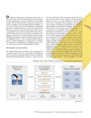 ie digitale Transformation der Arbeitswelt macht auch vor
HR keinen Halt. Neue HR und Recruiting Trends erfordern
von Personalabteilungen, sich neu zu definieren und neue Wege
zu gehen. Waren Recruiter früher mit operativen und admini-
strativen Tätigkeiten der Personalbeschaffung beschäftigt, ste-
hen sie heute einem breiteren und komplexeren Aufgabenfeld
gegenüber: Candidate Experience, Social Recruiting, Mobile
Recruiting, Active Sourcing und Talent Analytics. Dies sind nur
einige aktuelle Themen, die Unternehmen beherrschen müssen,
um sich im Wettstreit um die besten Talente zu behaupten. Die
digitale Transformation ist eine Herausforderung, die entweder
das Bild eines Arbeitgebers negativ beeinflussen kann oder aber
die Möglichkeit bietet, in einer zunehmend flexiblen Arbeits-
welt die richtigen Mitarbeiter zur richtigen Zeit am richtigen
Ort einzusetzen. Um Möglichkeiten der Digitalisierung zu nut-
zen, hat Detecon das Smart Sourcing Modell entwickelt.
Die Grundidee von Smart Sourcing
Die richtigen Mitarbeiter zur richtigen Zeit am richtigen Ort
einzusetzen, stellt in der Praxis eine große Herausforderung
dar. Es wird immer schwieriger, flexibel auf die sich ständig än-
dernden Marktanforderungen zu reagieren – egal ob Start-up
oder DAX 30 Konzern. Was Unternehmen oft übersehen oder
nicht zu lösen wissen, ist, dass sie keine externen Ressourcen
rekrutieren müssen, um ihren Skillbedarf zu decken. Wenn
bereits intern vorhandene Skills transparent und zugänglich
wären, könnten Unternehmen das Potenzial ihrer Mitarbeiter
voll ausschöpfen und ein gezieltes Re-Skilling von Teams durch-
führen. Erst im zweiten Schritt müssten Unternehmen auf ex-
terne Ressourcen zurückgreifen. Voraussetzung hierfür ist ein
Mindshift vom Rekrutieren einer Person mit einem vorgefer-
tigten Skill-Set hin zum flexiblen Sourcing von Skills, die nicht
in einer Person gebündelt sind. Die Lösung bietet ein innova-
tiver und dynamischer Marktplatz, der eine Plattform bildet,
auf der Angebot und Nachfrage von Skills aufeinandertreffen.
Angebotene Skills sowohl interner als auch externer Ressourcen
werden mithilfe einer auf HR-Daten basierten Skill-Datenbank
erfasst, während der Bedarf an Skills weiterhin aus den Fachab-
teilungen kommt. Die Fachabteilung kann ihren Bedarf in einer
simplen Beschreibung, zum Beispiel „Wir suchen einen Netz-
werktechniker“, in die Skill-Datenbank eingeben. Auf Basis von
eingespeisten Datenstrukturen kaskadiert die Skill-Datenbank
die Suchanfrage in die gesuchten Skills und schlägt potenzielle
Profile vor. Den zentralen Kontaktpunkt zu den Profilen bildet
ein Team („Career Advisor“), das durch Einblick in die Skill-
D
Quelle: Detecon
Abbildung 1: Smart Sourcing – Flexibles Sourcing von Skills in einer dynamischen Marktplatzumgebung
Effizientes Recruiting
Effizientes Recruiting
Skill-Bedarf in der
Fachabteilung
Team „Career Advisor“
Zentraler Kontaktpunkt
alle Skill-Bedarfe
Angebot
Skill-basierte, integrierte Datenbank
mit internen und externen Profilen
MARKETPLACE
Effekte
Reduzierung
Time to hire
Skill-Bedarf Skill-Angebot
Kostenersparnis
Konsistente
Reportings/
Analysen
Skill
Management
Prozess E2E
Transparenz-
steigerung
Positive
Rückkopplung
Sozialpartner
Positive Effekte
für Candidate
Experience
Bedarfsanalyse
Recherche in Skill-Datenbank
Suche-Biete-
Profil
Social
Recruiting
Talent
Analytics
Mobile
Recruiting
Smart
Screening
Schnittstelle
zu externen
Plattformen
Individual Skill-Matching
Active Sourcing
Passive Bewerberansprache
125 Detecon Management Report dmr • Special Transformation & Peoplemanagement 2 / 2015
 