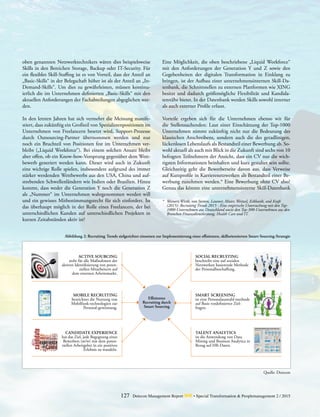127 Detecon Management Report dmr • Special Transformation & Peoplemanagement 2 / 2015
oben genannten Netzwerktechnikers wären dies beispielsweise
Skills in den Bereichen Storage, Backup oder IT-Security. Für
ein flexibles Skill-Staffing ist es von Vorteil, dass der Anteil an
„Basic-Skills“ in der Belegschaft höher ist als der Anteil an „In-
Demand-Skills“. Um dies zu gewährleisten, müssen kontinu-
ierlich die im Unternehmen definierten „Basic-Skills“ mit den
aktuellen Anforderungen der Fachabteilungen abgeglichen wer-
den.
In den letzten Jahren hat sich vermehrt die Meinung manife-
stiert, dass zukünftig ein Großteil von Spezialistenpositionen im
Unternehmen von Freelancern besetzt wird, Support-Prozesse
durch Outsourcing-Partner übernommen werden und nur
noch ein Bruchteil von Positionen fest im Unternehmen ver-
bleibt („Liquid Workforce“). Bei einem solchen Ansatz bleibt
aber offen, ob ein Know-how-Vorsprung gegenüber dem Wett-
bewerb generiert werden kann. Dieser wird auch in Zukunft
eine wichtige Rolle spielen, insbesondere aufgrund des immer
stärker werdenden Wettbewerbs aus den USA, China und auf-
strebenden Schwellenländern wie Indien oder Brasilien. Hinzu
kommt, dass weder die Generation Y noch die Generation Z
als „Nummer“ im Unternehmen wahrgenommen werden will
und ein gewisses Mitbestimmungsrecht für sich einfordert. Ist
das überhaupt möglich in der Rolle eines Freelancers, der bei
unterschiedlichen Kunden auf unterschiedlichen Projekten in
kurzen Zeitabständen aktiv ist?
Eine Möglichkeit, die oben beschriebene „Liquid Workforce“
mit den Anforderungen der Generation Y und Z sowie den
Gegebenheiten der digitalen Transformation in Einklang zu
bringen, ist der Aufbau einer unternehmensinternen Skill-Da-
tenbank, die Schnittstellen zu externen Plattformen wie XING
besitzt und dadurch größtmögliche Flexibilität und Kandida-
tennähe bietet. In der Datenbank werden Skills sowohl interner
als auch externer Profile erfasst.
Vorteile ergeben sich für die Unternehmen ebenso wir für
die Stellensuchenden: Laut einer Einschätzung der Top-1000
Unternehmen nimmt zukünftig nicht nur die Bedeutung des
klassischen Anschreibens, sondern auch die des geradlinigen,
lückenlosen Lebenslaufs als Bestandteil einer Bewerbung ab. So-
wohl aktuell als auch mit Blick in die Zukunft sind sechs von 10
befragten Teilnehmern der Ansicht, dass ein CV nur die wich-
tigsten Informationen beinhalten und kurz gestaltet sein sollte.
Gleichzeitig geht die Bewerberseite davon aus, dass Verweise
auf Kurzprofile in Karrierenetzwerken als Bestandteil einer Be-
werbung zunehmen werden.* Eine Bewerbung ohne CV also?
Genau das könnte eine unternehmensinterne Skill-Datenbank
Quelle: Detecon
Abbildung 2: Recruiting Trends zielgerichtet einsetzen zur Implementierung einer effizienten, skillorientierten Smart-Sourcing-Strategie
*	 Weinert,Wirth, von Stetten, Laumer, Maier, Weitzel, Eckhardt, and Kraft
(2015): Recruiting Trends 2015 - Eine empirische Untersuchung mit den Top-
1000-Unternehmen aus Deutschland sowie den Top-300-Unternehmen aus den
­Branchen Finanzdienstleistung, Health Care und IT.
MOBILE RECRUITING
bezeichnet die Nutzung von
Mobilfunk-technologien zur
Personal-gewinnung.
SMART SCREENING
ist eine Personalauswahl-methode
auf Basis vordefinierter Ziel­
fragen.
ACTIVE SOURCING
steht für alle Maßnahmen der
aktiven Identifizierung von poten-
ziellen Mitarbeitern auf
dem externen Arbeitsmarkt.
SOCIAL RECRUITING
beschreibt eine auf sozialen
Netzwerken basierende Methode
der Personalbeschaffung.
CANDIDATE EXPERIENCE
hat das Ziel, jede Begegnung eines
Bewerbers (m/w) mit dem poten-
ziellen Arbeitgeber in ein positives
Erlebnis zu wandeln.
TALENT ANALYTICS
ist die Anwendung von Data
Mining und Business Analytics in
Bezug auf HR-Daten.
Effizientes
Recruiting durch
Smart Sourcing
 
