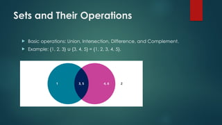 Sets and Their Operations
 Basic operations: Union, Intersection, Difference, and Complement.
 Example: {1, 2, 3} {3, 4, 5} = {1, 2, 3, 4, 5}.
∪
 