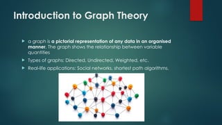Introduction to Graph Theory
 a graph is a pictorial representation of any data in an organised
manner. The graph shows the relationship between variable
quantities
 Types of graphs: Directed, Undirected, Weighted, etc.
 Real-life applications: Social networks, shortest path algorithms.
 