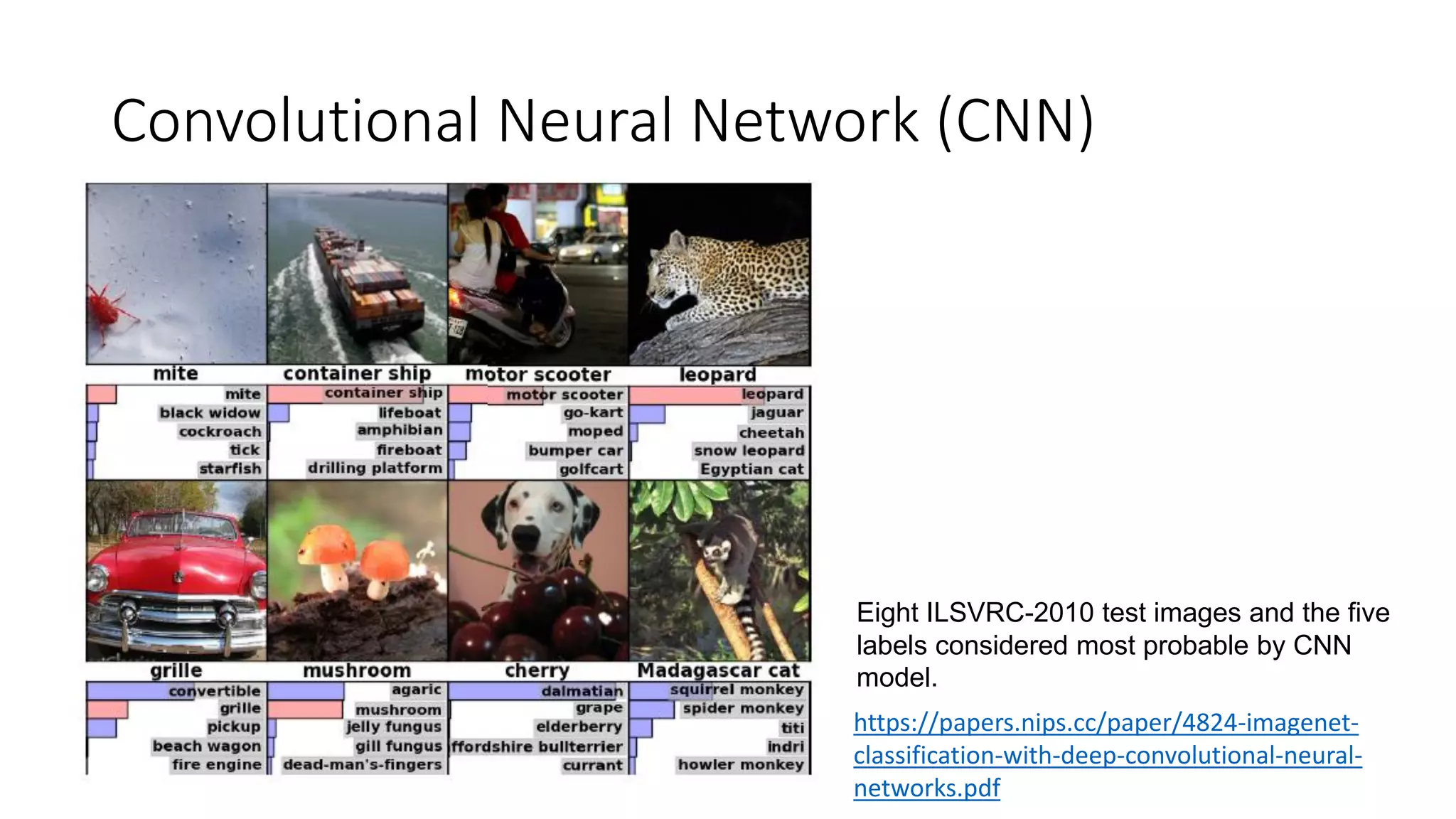 Convolutional Neural Network (CNN)
Eight ILSVRC-2010 test images and the five
labels considered most probable by CNN
model.
https://papers.nips.cc/paper/4824-imagenet-
classification-with-deep-convolutional-neural-
networks.pdf
 