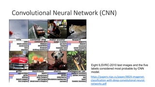 Convolutional Neural Network (CNN)
Eight ILSVRC-2010 test images and the five
labels considered most probable by CNN
model.
https://papers.nips.cc/paper/4824-imagenet-
classification-with-deep-convolutional-neural-
networks.pdf
 