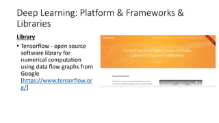 Deep Learning: Platform & Frameworks &
Libraries
Library
• Tensorflow - open source
software library for
numerical computation
using data flow graphs from
Google
[https://www.tensorflow.or
g/]
 