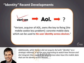 LUMApartners
Addi@onally,  while  Verizon  did  not  acquire  Aol  with  “iden@ty”  as  a  
strategic  ra@onale,  it  will...