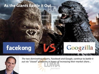 LUMApartners
The  two  domina@ng  players,  Facebook  and  Google,  con@nue  to  baVle  it  
out  via  “closed”  plaWorms ...