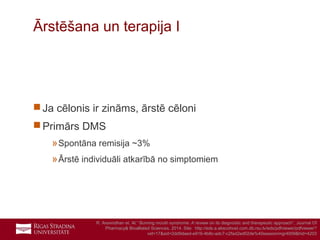 15
 Ja cēlonis ir zināms, ārstē cēloni
 Primārs DMS
»Spontāna remisija ~3%
»Ārstē individuāli atkarībā no simptomiem
Ārstēšana un terapija I
R. Aravindhan et. Al.” Burning mouth syndrome: A review on its diagnostic and therapeutic approach”, Journal Of
Pharmacy& Bioalliated Sciences, 2014. Site: http://eds.a.ebscohost.com.db.rsu.lv/eds/pdfviewer/pdfviewer?
vid=17&sid=2dd9daed-e916-4b8c-adc7-c2fad2ed02de%40sessionmgr4009&hid=4203
 