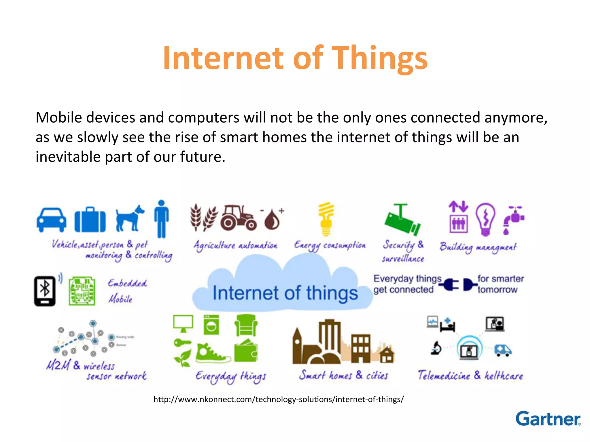 Internet	
  of	
  Things	
  
Mobile	
  devices	
  and	
  computers	
  will	
  not	
  be	
  the	
  only	
  ones	
  connected	
  anymore,	
  
as	
  we	
  slowly	
  see	
  the	
  rise	
  of	
  smart	
  homes	
  the	
  internet	
  of	
  things	
  will	
  be	
  an	
  
inevitable	
  part	
  of	
  our	
  future.	
  




                            hCp://www.nkonnect.com/technology-­‐solu1ons/internet-­‐of-­‐things/	
  
 