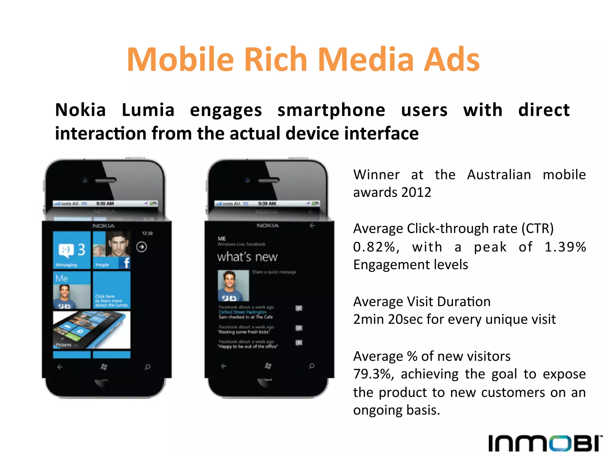 Mobile	
  Rich	
  Media	
  Ads	
  
Nokia	
   Lumia	
   engages	
   smartphone	
   users	
   with	
   direct	
  
interac9on	
  from	
  the	
  actual	
  device	
  interface	
  
                                           Winner	
   at	
   the	
   Australian	
   mobile	
  
                                           awards	
  2012	
  
                                           	
  
                                           Average	
  Click-­‐through	
  rate	
  (CTR)	
  	
  
                                           0.82%,	
   with	
   a	
   peak	
   of	
   1.39%	
  
                                           Engagement	
  levels	
  	
  
                                           	
  
                                           Average	
  Visit	
  Dura1on	
  
                                           2min	
  20sec	
  for	
  every	
  unique	
  visit	
  	
  
                                           	
  
                                           Average	
  %	
  of	
  new	
  visitors	
  	
  
                                           79.3%,	
   achieving	
   the	
   goal	
   to	
   expose	
  
                                           the	
  product	
  to	
  new	
  customers	
  on	
  an	
  
                                           ongoing	
  basis.	
  
 