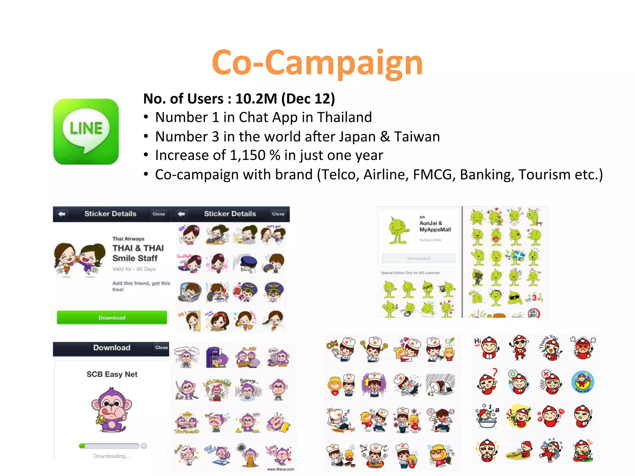 Co-­‐Campaign	
  
No.	
  of	
  Users	
  :	
  10.2M	
  (Dec	
  12)	
  
•  Number	
  1	
  in	
  Chat	
  App	
  in	
  Thailand	
  
•  Number	
  3	
  in	
  the	
  world	
  ater	
  Japan	
  	
  Taiwan	
  
•  Increase	
  of	
  1,150	
  %	
  in	
  just	
  one	
  year	
  
•  Co-­‐campaign	
  with	
  brand	
  (Telco,	
  Airline,	
  FMCG,	
  Banking,	
  Tourism	
  etc.)	
  
 