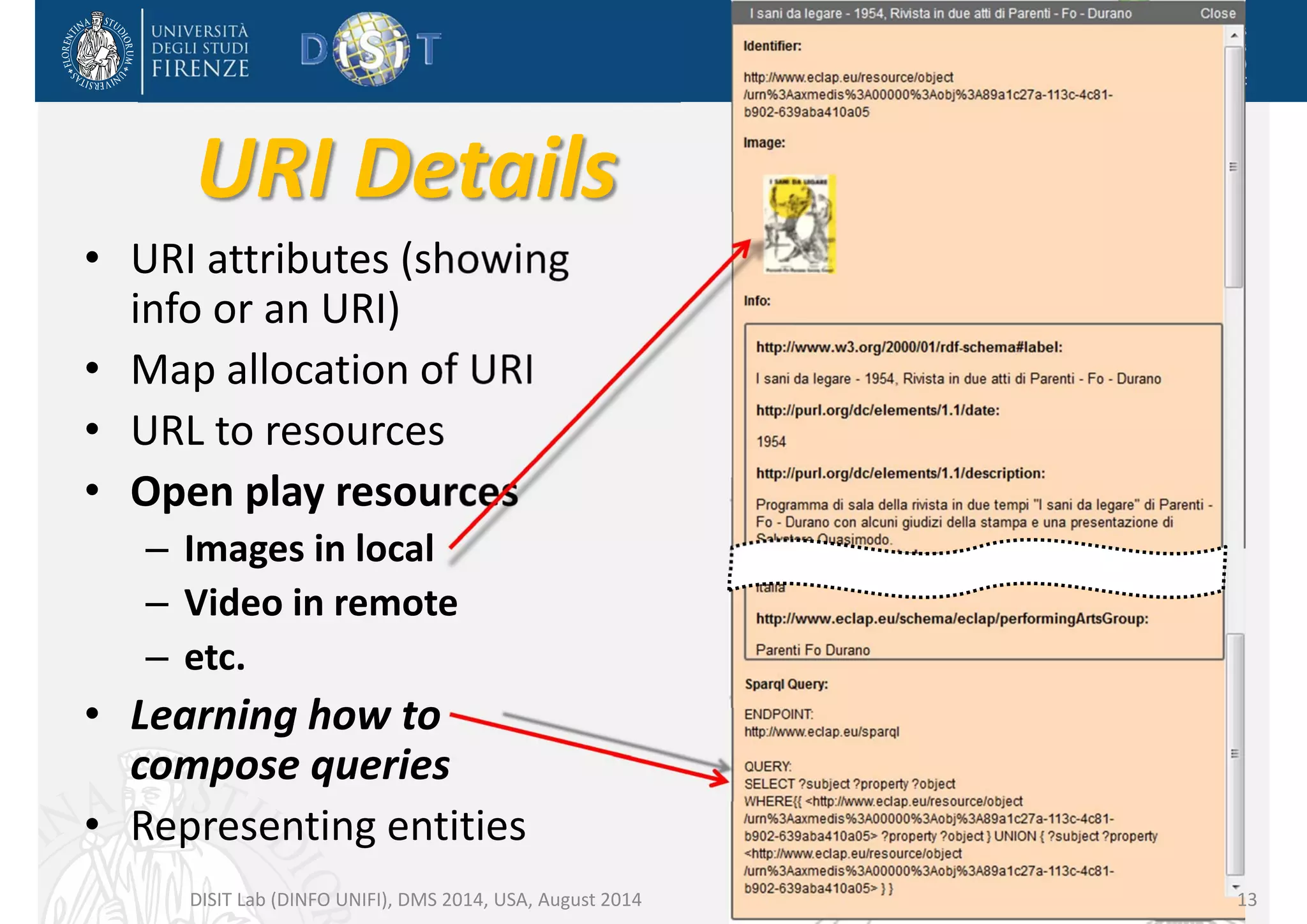 DISIT Lab, Distributed Data Intelligence and Technologies 
Distributed Systems and Internet Technologies 
Department of Information Engineering (DINFO) 
http://www.disit.dinfo.unifi.it 
URI Details 
• URI attributes (showing 
info or an URI) 
• Map allocation of URI 
• URL to resources 
• Open play resources 
– Images in local 
– Video in remote 
– etc. 
• Learning how to 
compose queries 
• Representing entities 
DISIT Lab (DINFO UNIFI), DMS 2014, USA, August 2014 13 
 