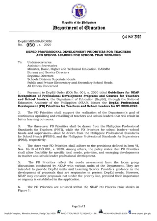 Page 1 of 2
DepEd MEMORANDUM
No. , s. 2020
DEPED PROFESSIONAL DEVELOPMENT PRIORITIES FOR TEACHERS
AND SCHOOL LEADERS FOR SCHOOL YEAR 2020-2023
To: Undersecretaries
Assistant Secretaries
Minister, Basic, Higher and Technical Education, BARMM
Bureau and Service Directors
Regional Directors
Schools Division Superintendents
Public and Private Elementary and Secondary School Heads
All Others Concerned
1. Pursuant to DepEd Order (DO) No. 001, s. 2020 titled Guidelines for NEAP
Recognition of Professional Development Programs and Courses for Teachers
and School Leaders, the Department of Education (DepEd), through the National
Educators Academy of the Philippines (NEAP), issues the DepEd Professional
Development (PD) Priorities for Teachers and School Leaders for SY 2020-2023.
2. The PD Priorities shall support the realization of the Department’s goal of
continuous upskilling and reskilling of teachers and school leaders that will result in
better learning outcomes.
3. The three-year PD Priorities shall be drawn from the Philippine Professional
Standards for Teachers (PPST), while the PD Priorities for school leaders—school
heads and supervisors—shall be drawn from the Philippine Professional Standards
for School Heads (PPSSH), and the Philippine Professional Standards for Supervisors
(PPSS), respectively.
4. The three-year PD Priorities shall adhere to the provisions defined in Item VI,
Nos. 16-18 of DO 001, s. 2020. Among others, the policy states that PD Priorities
shall allow flexibility for specific local needs, priorities, and emerging developments
in teacher and school leader professional development.
5. The PD Priorities reflect the needs assessment from the focus group
discussions conducted by NEAP with various units of the Department. They are
intended to provide DepEd units and Learning Service Providers guidance in the
development of proposals that are responsive to present DepEd needs. However,
NEAP may consider proposals not under the priority list, provided their importance
or urgency is established in the application.
6. The PD Priorities are situated within the NEAP PD Process Flow shown in
Figure 1.
Republic of the Philippines
Department of Education
DepEd Complex, Meralco Avenue, Pasig City 1600 8633-7208/8633-7228/8632-1361 8636-4876/8637-6209 www.deped.gov.ph
 