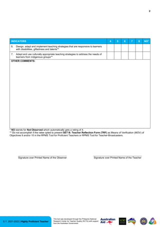 2
S.Y. 2021-2022 | Highly Proficient Teacher
This tool was developed through the Philippine National
Research Center for Teacher Quality (RCTQ) with support
from the Australian Government
INDICATORS 4 5 6 7 8 NO*
6. Design, adapt and implement teaching strategies that are responsive to learners
with disabilities, giftedness and talents**
7. Adapt and use culturally appropriate teaching strategies to address the needs of
learners from indigenous groups**
OTHER COMMENTS:
* NO stands for Not Observed which automatically gets a rating of 4.
** Do not accomplish if the ratee opted to present SET B: Teacher Reflection Form (TRF) as Means of Verification (MOV) of
Objectives 9 and/or 10 in the RPMS Tool for Proficient Teachers or RPMS Tool for Teacher-Broadcasters.
____________________________________
Signature over Printed Name of the Observer
____________________________________
Signature over Printed Name of the Teacher
 