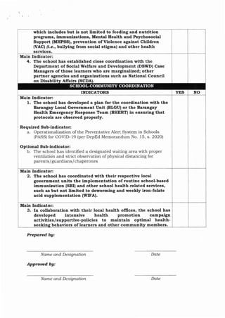 which includes but is not limitcd to feeding aad nutrition
programs, immunizations, Mental Health and psychosocial
Support (MHPSiS), preveation of Violence against Chlldrea
(VAC) /t.e., bullying from social stigmal and other health
services.
Main Indicator:
4. The school has establlshed close coordination wlth the
Department of Social Welfare aad Development (DSWD) Casc
Managers of those learners who are marginalized; other
partaer agercics and organlzatioas such as Natlonal Couacil
on Disabili Affairs NCD
INDICATORS YES NO
Main Indicator:
1. The school has developed a plaa for the coordination with the
Barangay Local Government Unit (BLGU) or the Barangay
Health Emergency Response Team TBHERT) in ensuring that
protocols are obsenred properly.
Required Sub-indicator:
a. Operationalization of the Preventative Alert System in Schools
(PASS) for COVID-19 (per DepEd Memorandum No. lS, s. 202O)
Optlonal Sub-indlcator:
b. The school has identified a designated waiting area with proper
ventilation and strict observation of physical distancing for
parents/ guardians/ chaperones
Main Indicator:
2. The school has coordinated crith their respective local
government units the implementation of routine school-based
immunization (SBII atrd other school health-related sen ices,
such as but not limited to deworming and weekly iron-folate
acid supplementation (IYIfAl.
behawiors of learners and other commuai
Main Indicator:
3. In collaboration with their local health oflices, the school has
developed intensive health promotion campalgn
actiwities/supportive-policies to maintain optimal health-
seekin members.
SCHOOL.COMMUNITY COORDINATION
Prepared bg:
Name and Designation
Apprornd. bg:
Date
Name and Designation Date
 