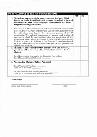 YES NO
secured the concurrence of the Local Chief
Executive in the City/Municipallty where the school is located
and must also have taLen the proper coordination with their
respective barangay ollicials.
For schools in IP communities or with a predominant number of Ip
learners, the Free, Prior, and Informed Consent (FpIC) process must
be undertaken according to the customar;r practice of the Ip
community. The cultura.l expression of consent and sealing of
agreements shall be documented, with the permission of ttre
community ald in a form acceptable to them (e.g. pictures, videos).
Without prejudice to the iatter, a Certihcate of precondition issued
by NCIP shall also attest to the undertaking ofthe FplC process and
eements reached
a
a
1. The school has
2. The school has secured writte
guardians of learners who will
tr conserlt from the parctrts /
partlcipate ln the face-to-face
No. of Participating Learners for the Expanded Face to-Face
No. of Parent's Consent Collected:
classes.
3. Vaccination Status of School personnel
No. of Vaccinated Non-Teaching Personnel
Total No. of Vaccinated Non-Teaching personnel:
No. of Vaccinated Teachers:
Total No. of Teachers:
TO BE FILLED OUT BY THE SDO COMPOSITE TEAM
Verified bg:
Name and Designation Date
 