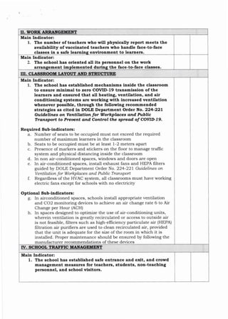 II.
The aumber of teachers who wiII phptcally report meets the
availablllty of waccinated teachers who handle face-to-face
1
Main Indicator:
classes in a safe le enviroament to learaers.
The school has orieated aU its persontel on the work
Main Indicator:
2.
a ment im ented d the face-to-face classes.
III. CLASSROOM LAYOUT AND STRUETI'RE
Main Indicator:
1. The school has Gstablished mechaalsms hside the classroom
to ensure mlaimal to zeto COVID-19 traosmisgion of the
learners and ensured thet all heatiag, ventllation, and air
condltioniag Eystems are worklng wlth iacreased veatllatiotr
whenever possible, through the following recommended.
strategies as cited in DOLE Department Order No. 224_221
Guldelln* on Ventllatlon for Workplaces and publtc
Transport to Prvlant and Control e sprcad o! COWI>L9.
Requlred Sub-iadlcators:
a. Number of seats to be occupied must not exceed the required
number of maximum learners in the classroom
b. Seats to be occupied must be at least l-2 meters apart
c. Presence of markers and stickers on the floor to manage tralflc
system and physical distancing inside the classroom
d. In non air-conditioned spaces, windows and doors are open
e. In air-conditioned spaces, install exhaust fans and HEPA filters
guided by DOLE Department Order No.224-221 Guid.elines on
Ventilation for Workplaces and public Transport
f. Regardless of the HVAC system, all classrooms must have working
electric fans except for schools with no electricity
Optlonal Sub-lndlcatorst
g. In airconditioned spaces, schools install appropriate ventilation
and CO2 monitoring devices to achieve an air change rate 6 to Air
Change per Hour (ACH)
h. In spaces designed to optimize the use of air-conditioning units,
wherein ventilation is greatly recirculated or access to outside air
is not feasible, filters such as high-efficiency particulate air (HEPA)
frltration air purifiers are used to clean recirculated air, provided
that the unit is adequate for the size of the room in which it is
installed. Proper maintenance should be
marrufacturer recommendations of these
ensured by following the
devices
Iv. SCHOOL TRAFFIC MAI{AGEMENT
1. The school has established safe entraace ard exit, and crowd
management measures for teachers, students, aon_teaching
personnel, and school visitors.
Main Indicator:
 