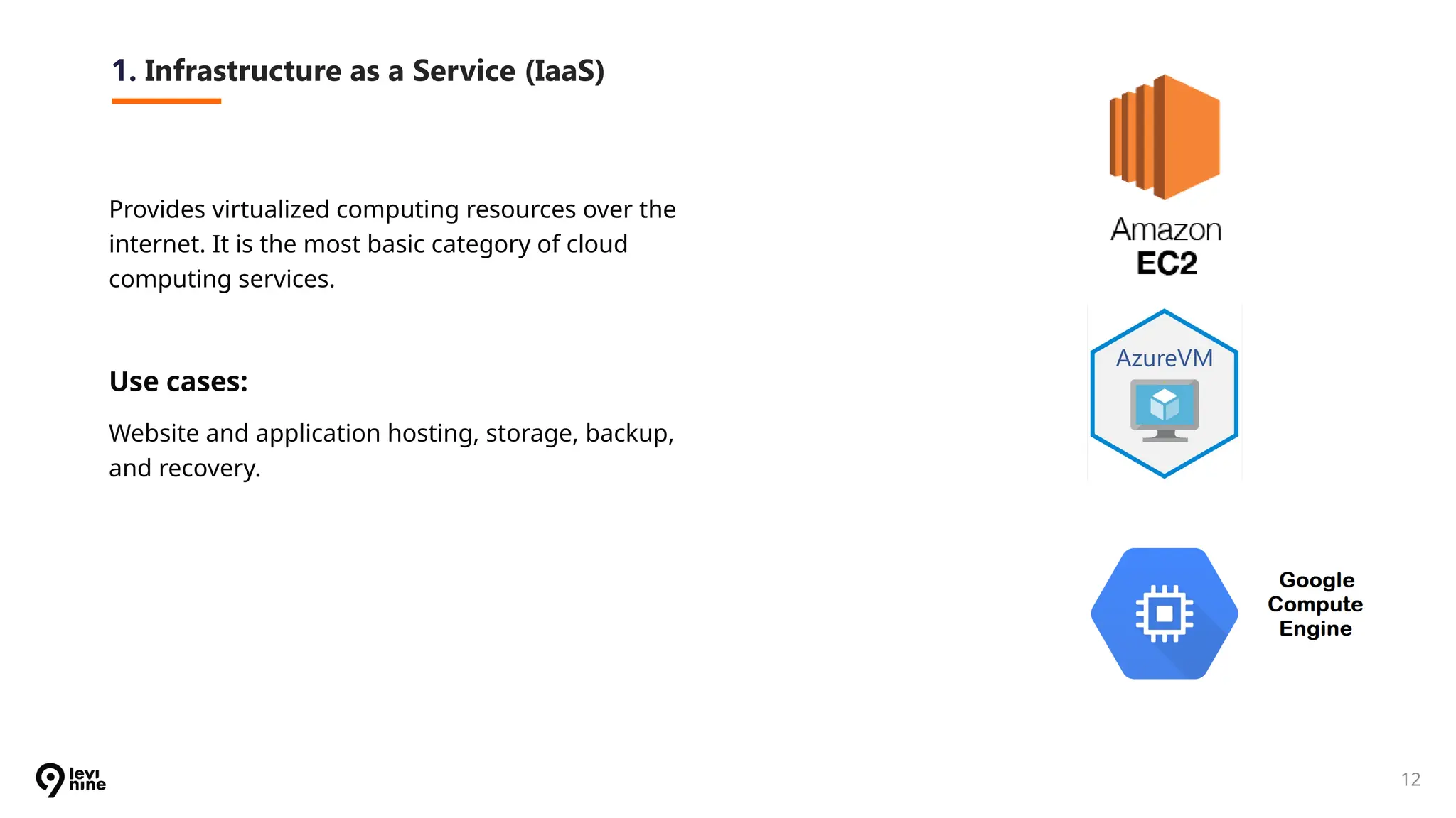 12
1. Infrastructure as a Service (IaaS)
Provides virtualized computing resources over the
internet. It is the most basic category of cloud
computing services.
Use cases:
Website and application hosting, storage, backup,
and recovery.
 