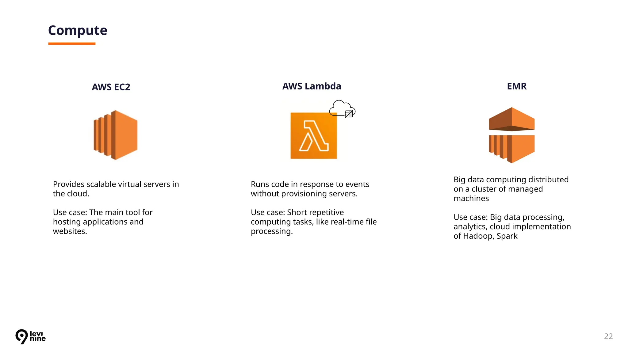 22
Compute
AWS EC2
Provides scalable virtual servers in
the cloud.
Use case: The main tool for
hosting applications and
websites.
Runs code in response to events
without provisioning servers.
Use case: Short repetitive
computing tasks, like real-time file
processing.
Big data computing distributed
on a cluster of managed
machines
Use case: Big data processing,
analytics, cloud implementation
of Hadoop, Spark
AWS Lambda EMR
 