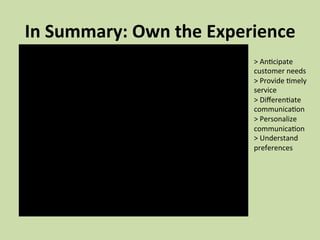 In 
Summary: 
Own 
the 
Experience 
> 
An3cipate 
customer 
needs 
> 
Provide 
3mely 
service 
> 
Differen3ate 
communica3on 
> 
Personalize 
communica3on 
> 
Understand 
preferences 
 