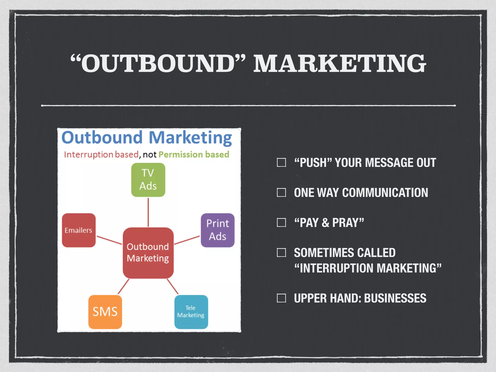 “OUTBOUND” MARKETING 
“PUSH” YOUR MESSAGE OUT 
ONE WAY COMMUNICATION 
“PAY & PRAY” 
SOMETIMES CALLED 
“INTERRUPTION MARKETING” 
UPPER HAND: BUSINESSES 
 