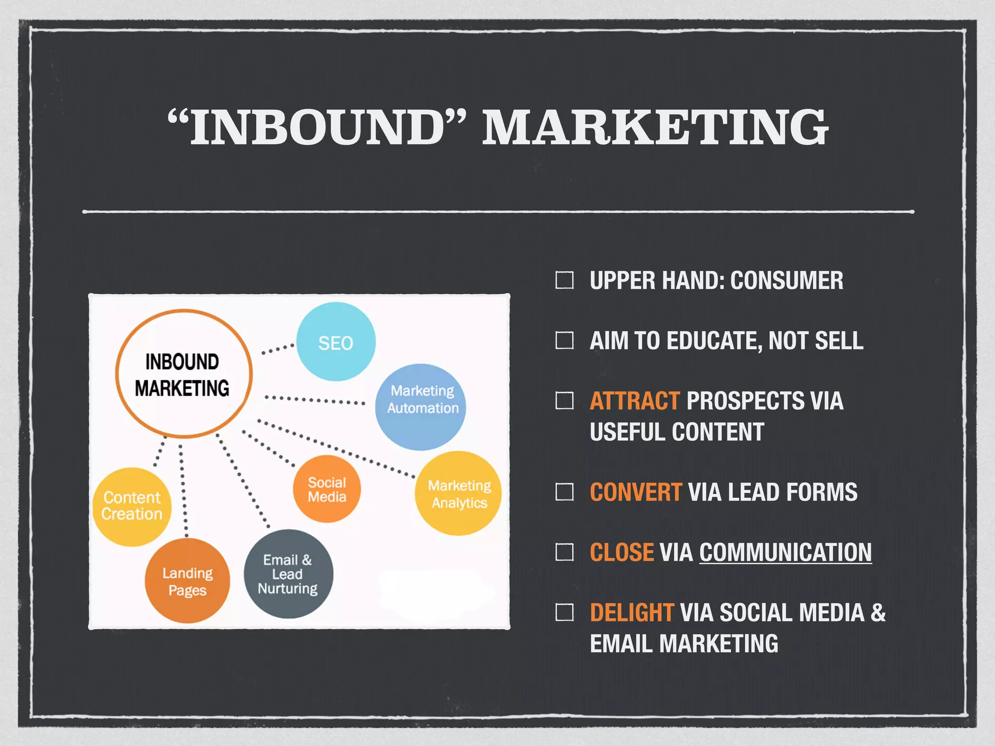 “INBOUND” MARKETING 
UPPER HAND: CONSUMER 
AIM TO EDUCATE, NOT SELL 
ATTRACT PROSPECTS VIA 
USEFUL CONTENT 
CONVERT VIA LEAD FORMS 
CLOSE VIA COMMUNICATION 
DELIGHT VIA SOCIAL MEDIA & 
EMAIL MARKETING 
 