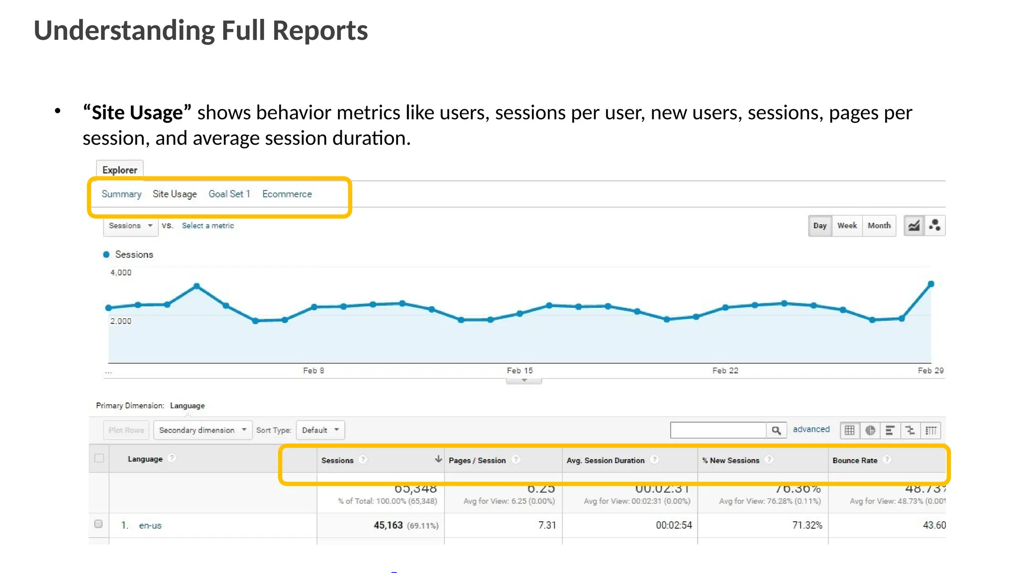 Understanding Full Reports
• “Site Usage” shows behavior metrics like users, sessions per user, new users, sessions, pages per
session, and average session duration.
 