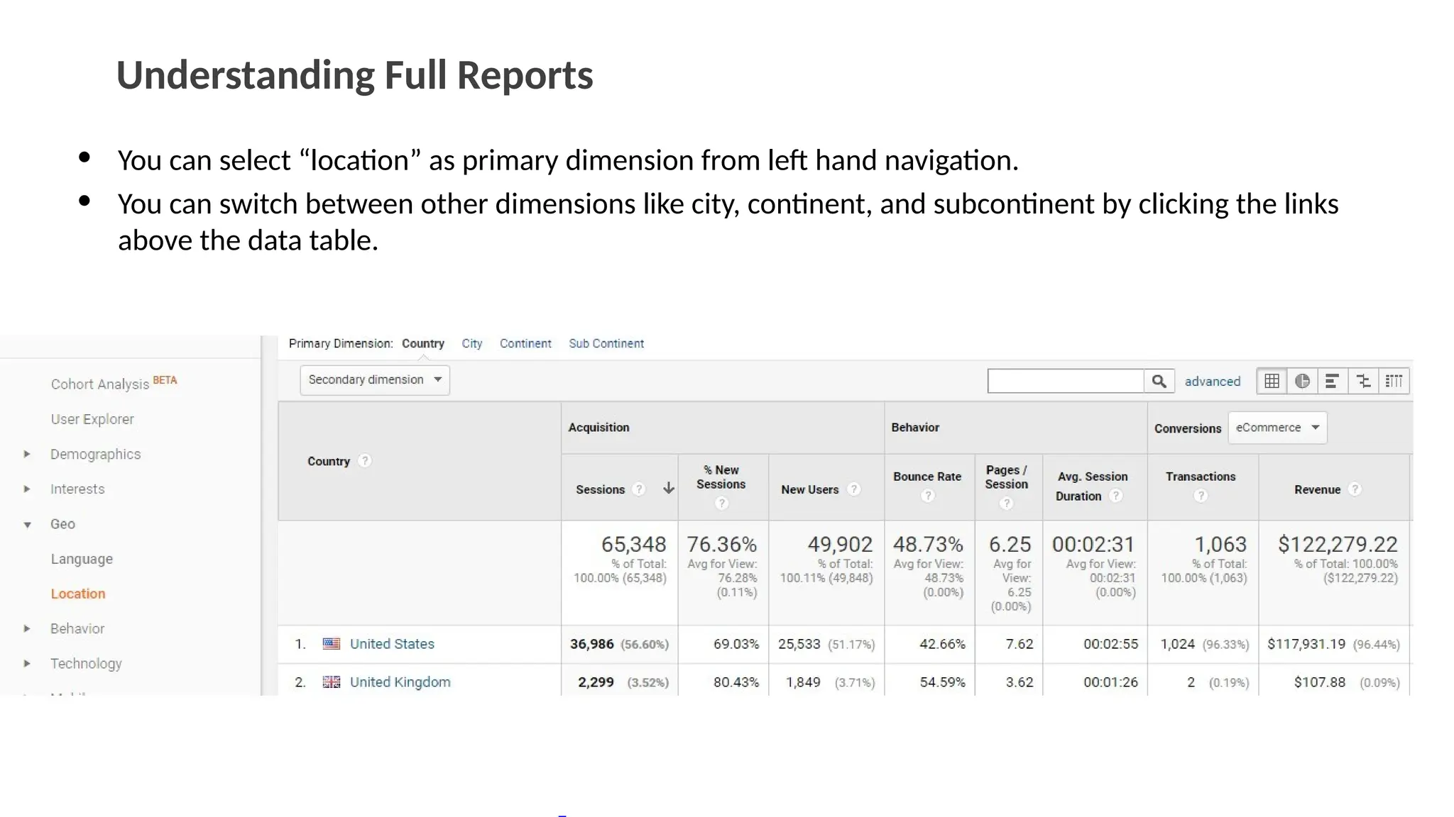 Understanding Full Reports
• You can select “location” as primary dimension from left hand navigation.
• You can switch between other dimensions like city, continent, and subcontinent by clicking the links
above the data table.
 
