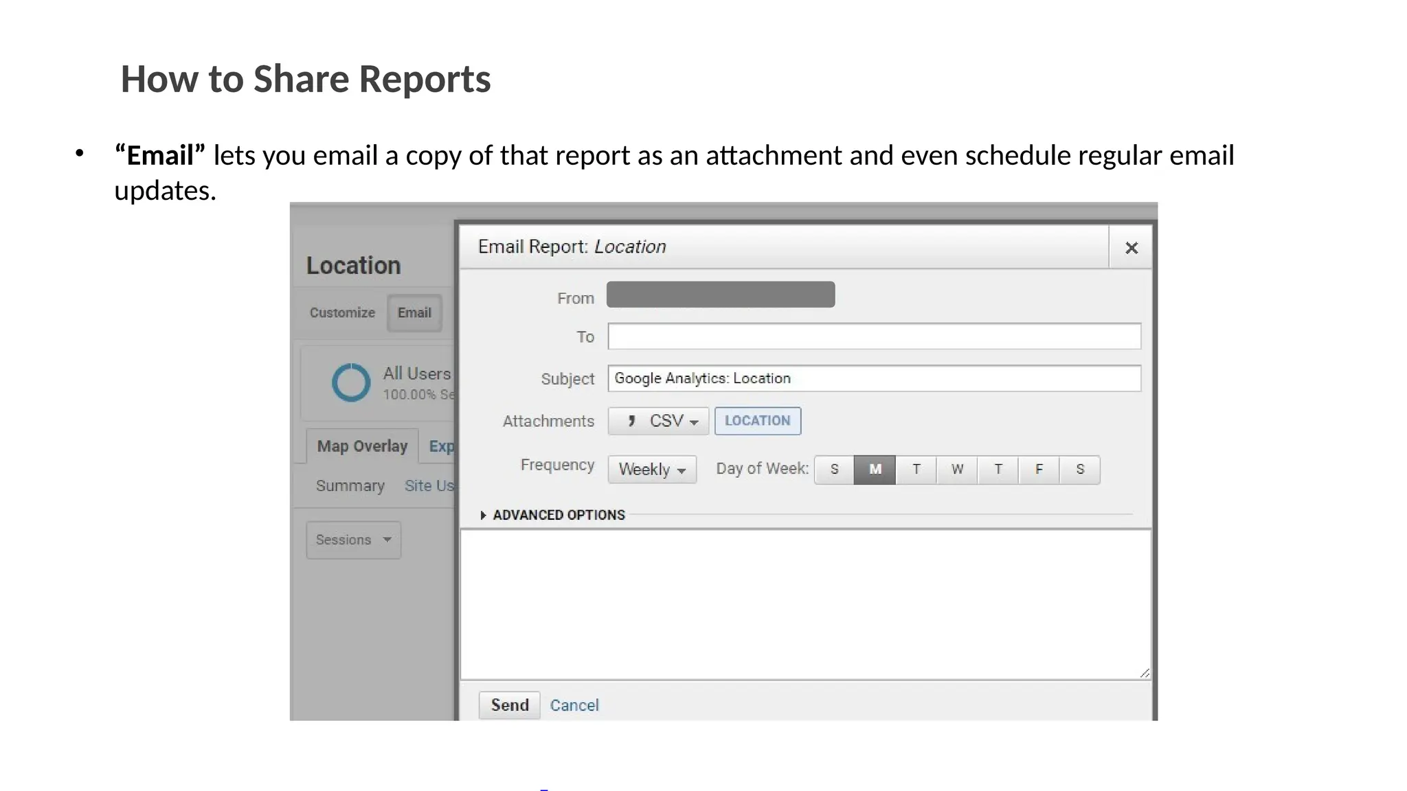 How to Share Reports
• “Email” lets you email a copy of that report as an attachment and even schedule regular email
updates.
 