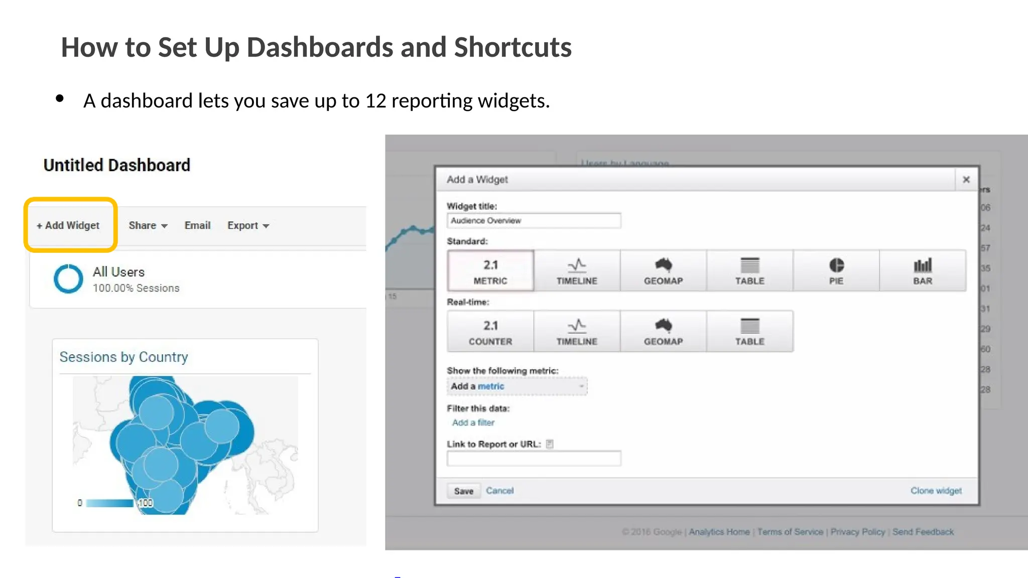 How to Set Up Dashboards and Shortcuts
• A dashboard lets you save up to 12 reporting widgets.
 
