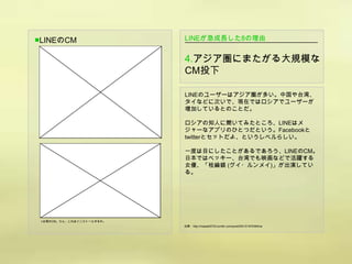 ■LINEのCM                   LINEが急成長した8の理由


                           4.アジア圏にまたがる大規模な
                           CM投下

                           LINEのユーザーはアジア圏が多い。中国や台湾、
                           タイなどに次いで、現在ではロシアでユーザーが
                           増加しているとのことだ。

                           ロシアの知人に聞いてみたところ、LINEはメ
                           ジャーなアプリのひとつだという。Facebookと
                           twitterとセットだよ、というレベルらしい。

                           一度は目にしたことがあるであろう、LINEのCM。
                           日本ではベッキー、台湾でも映画などで活躍する
                           女優、「桂綸鎂 (グイ・ルンメイ)」が出演してい
                           る。




 ▲台湾のCM。うん、これはインストールするわ。
                           出典：http://masaki0720.tumblr.com/post/20415197049/line
 