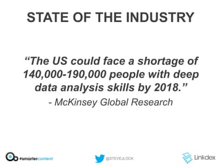 STATE OF THE INDUSTRY
“The US could face a shortage of
140,000-190,000 people with deep
data analysis skills by 2018.”
- McKinsey Global Research

@STEVEJLOCK

 