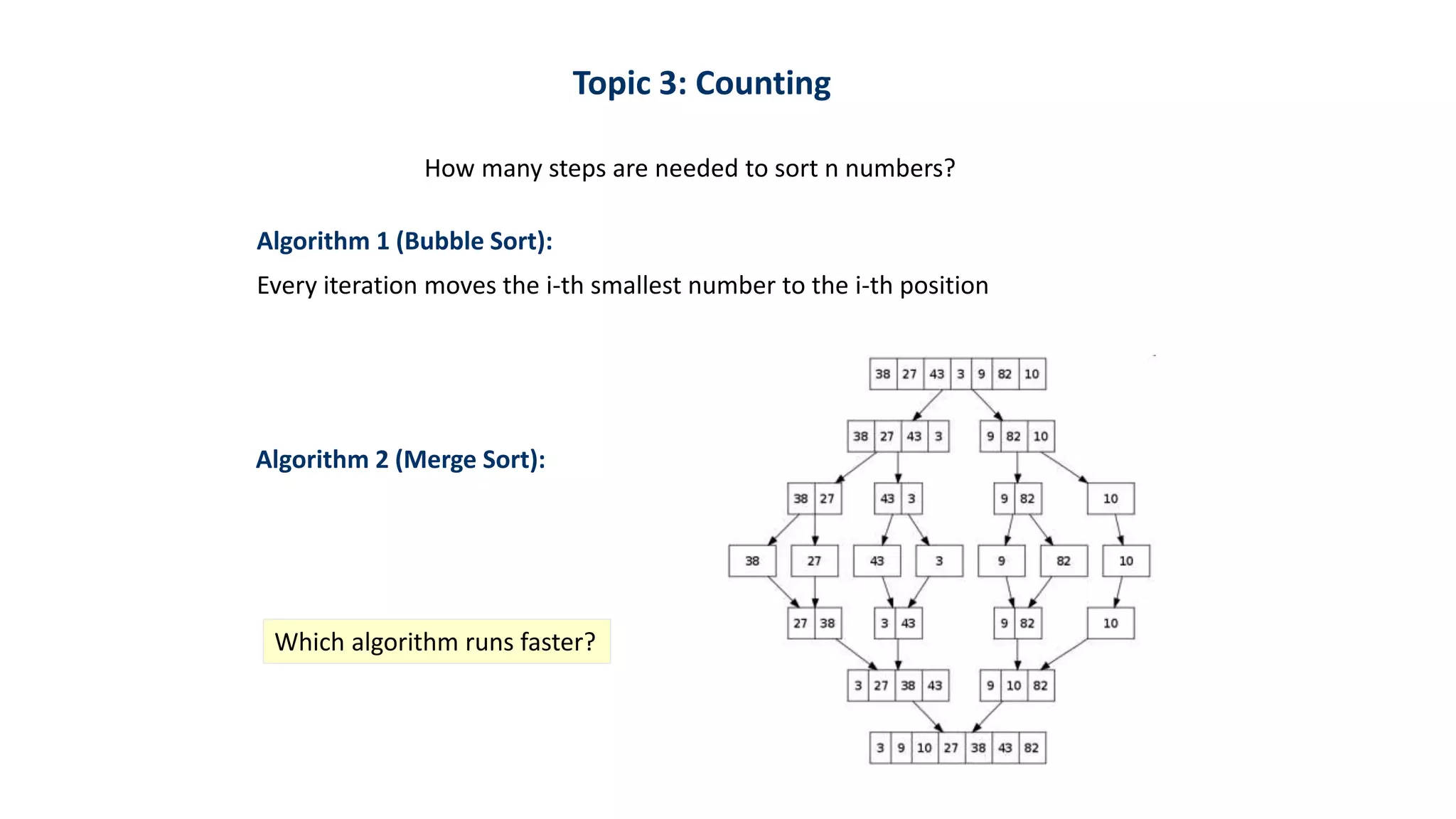 Topic 3: Counting
How many steps are needed to sort n numbers?
Algorithm 1 (Bubble Sort):
Every iteration moves the i-th smallest number to the i-th position
Algorithm 2 (Merge Sort):
Which algorithm runs faster?
 
