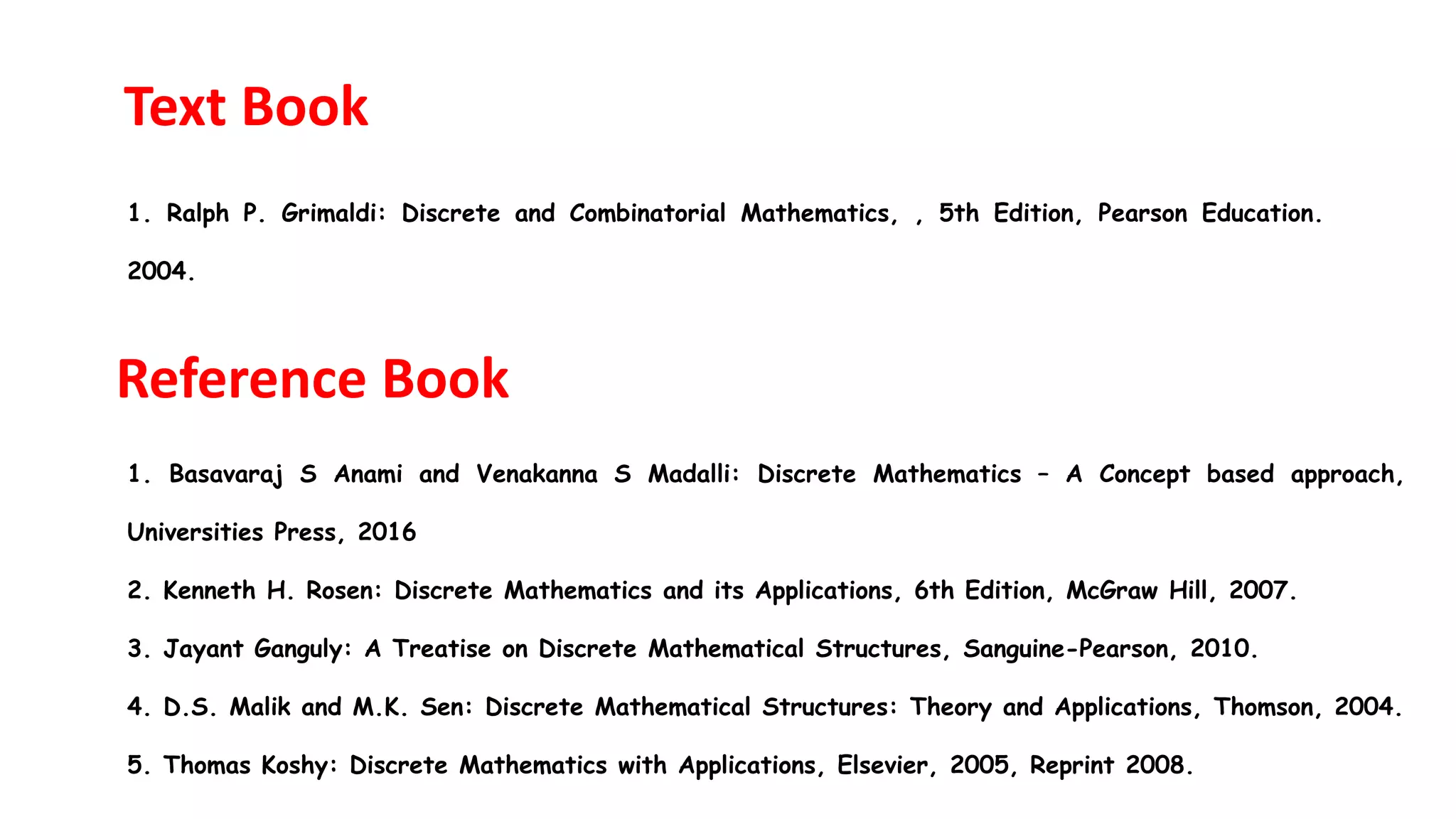 Text Book
1. Ralph P. Grimaldi: Discrete and Combinatorial Mathematics, , 5th Edition, Pearson Education.
2004.
Reference Book
1. Basavaraj S Anami and Venakanna S Madalli: Discrete Mathematics – A Concept based approach,
Universities Press, 2016
2. Kenneth H. Rosen: Discrete Mathematics and its Applications, 6th Edition, McGraw Hill, 2007.
3. Jayant Ganguly: A Treatise on Discrete Mathematical Structures, Sanguine-Pearson, 2010.
4. D.S. Malik and M.K. Sen: Discrete Mathematical Structures: Theory and Applications, Thomson, 2004.
5. Thomas Koshy: Discrete Mathematics with Applications, Elsevier, 2005, Reprint 2008.
 