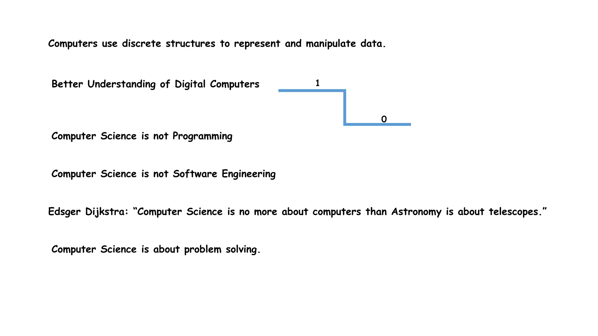 Computers use discrete structures to represent and manipulate data.
Computer Science is not Programming
Computer Science is not Software Engineering
Edsger Dijkstra: “Computer Science is no more about computers than Astronomy is about telescopes.”
Computer Science is about problem solving.
Better Understanding of Digital Computers 1
0
 