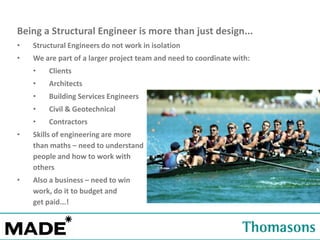 Being a Structural Engineer is more than just design...
•

Structural Engineers do not work in isolation

•

We are part of a larger project team and need to coordinate with:
•

Clients

•

Architects

•

Building Services Engineers

•

Civil & Geotechnical

•

Contractors

•

Skills of engineering are more
than maths – need to understand
people and how to work with
others

•

Also a business – need to win
work, do it to budget and
get paid...!

 