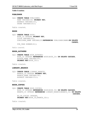 15CSL57 DBMS Laboratory with Mini Project V Sem CSE
Dept. of CSE, CIT, Gubbi 20
Table Creation:
PUBLISHER
SQL> CREATE TABLE PUBLISHER(
NAME VARCHAR(18) PRIMARY KEY,
ADDRESS VARCHAR(10),
PHONE VARCHAR(10));
Table created.
BOOK
SQL> CREATE TABLE BOOK(
BOOK_ID INTEGER PRIMARY KEY,
TITLE VARCHAR(20),
PUBLISHER_NAME VARCHAR(20)REFERENCES PUBLISHER(NAME)ON DELETE
CASADE,
PUB_YEAR NUMBER(4));
Table created.
BOOK_AUTHORS
SQL> CREATE TABLE BOOK_AUTHORS(
BOOK_ID INTEGER REFERENCES BOOK(BOOK_ID) ON DELETE CASCADE,
AUTHOR_NAME VARCHAR(20),
PRIMARY KEY(BOOK_ID));
Table created.
LIBRARY_BRANCH
SQL> CREATE TABLE LIBRARY_BRANCH(
BRANCH_ID INTEGER PRIMARY KEY,
BRANCH_NAME VARCHAR(18),
ADDRESS VARCHAR(15));
Table created.
BOOK_COPIES
SQL> CREATE TABLE BOOK_COPIES(
BOOK_ID INTEGER REFERENCES BOOK(BOOK_ID) ON DELETE CASCADE,
BRANCH_ID INTEGER REFERENCES LIBRARY_BRANCH(BRANCH_ID) ON DELETE
CASCADE,
NO_OF_COPIES INTEGER,
PRIMARY KEY(BOOK_ID,BRANCH_ID));
Table created.
 